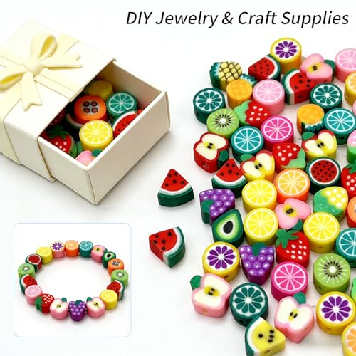 100 pcs Fruit Polymer Clay Beads, VEINARDYL Colorful Mixed Fruit Charm Bead Kit,Cute Fruits Clay Bead for DIY Crafts Earring Necklace Bracelets Making - color: Fruit
