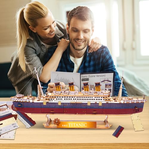 Vziimo Titanic 3D Puzzles for Adults, LED Titanic Metal Ship Model Building Kits for Home Desk Decor, 368 Pcs Wooden DIY Arts and Crafts Collection Gifts for Couples Women Teens 14 +