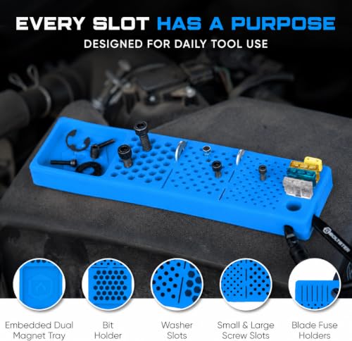 Boltster Bitster 2.0 Magnetic and Flexible Silicone Screw and Bolt Organizer Tray, 1/4 Inch Bit Holder for Screws, Drill Bits & Fasteners, Non Slip Tool Organizer for Garage, Workshop & Automotive - color: Blue