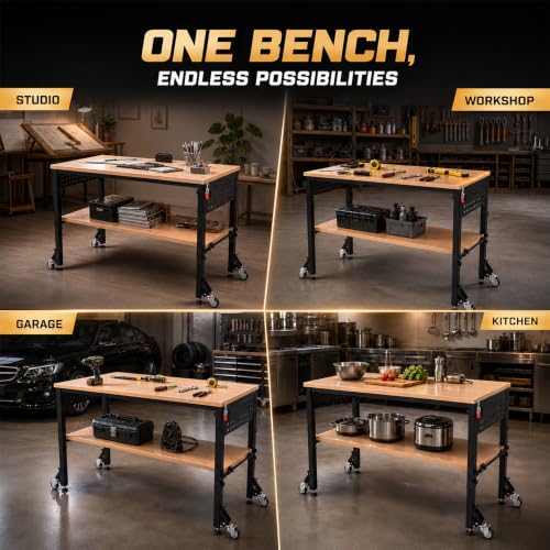60" Heavy Duty Foldable Workbench with Transformable Wheels Adjustable Height, Rubberwood Table & Carbon Steel Frame with Pegboard, Max Load 2500 LBS for Garage, Woodworking, Office, Home - size: Large