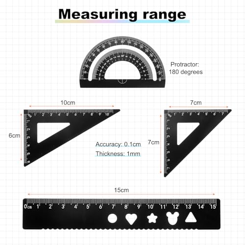 HARFINGTON 4pcs Triangular Ruler Set 15mm Aluminum Geometric Protractor Triangle Engineering Scale Drafting Ruler Kit for Office Home, Black - color: Black, size: 15mm