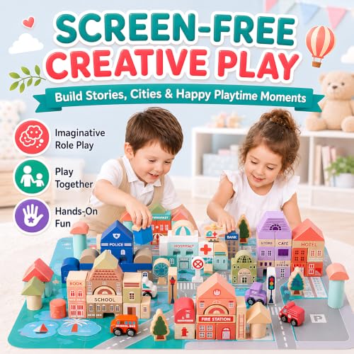Migargle Wooden Building Blocks Set, 115 Pcs City Construction Stacker Stacking Preschool Learning Educational Toys, Toddler Toys for 3+ Year Old Boy and Girl Gifts