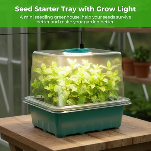 Seed Starter Tray with Grow Light, 6pcs Seed Starter Kits with Light and Adjustable Humidity Domes, Covers Height 3.9", Indoor Seedling Starter Plant Germination Trays (Green-Warm White)