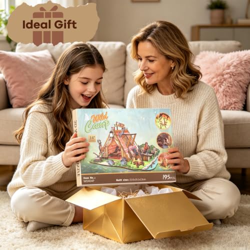 3D Wooden Puzzles for Adults, 195PCS Wild Camping Miniature House Kit with USB LED Lights, DIY Mini House Building Kit, Unique Collectible Home Decor Gift for Teens 14+