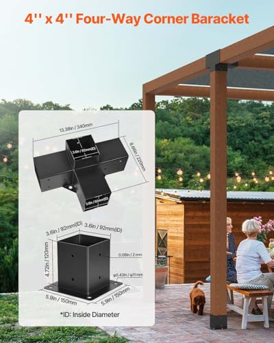 VEVOR Pergola Bracket Kit, 4x4 Inch (Inner Size 3.5x3.5), 2 Pcs 4-Way Heavy Duty Corner Bracket Woodworks DIY Post Base Kit, Easy Installation Wooden Beams for Gazebos, Patio Pergolas, Log Cabin - size: 2PC 4-Way + 2PC Post Base 4*4 SET