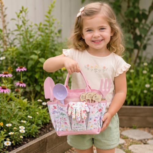 Kids Gardening Set Toys, 12PCS Garden Tool Kit for Kids and Toddlers with Tote Bag,Watering Can, Gloves, Shovel, Learning Outdoor Toys Gifts for Boys Girls Age 3-6 (Pink) - color: pink