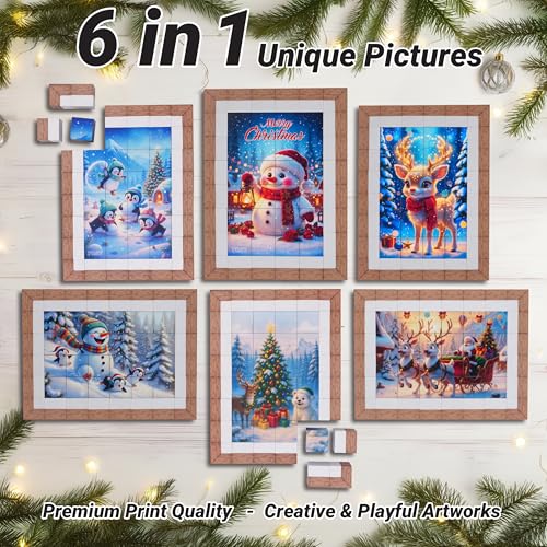 TOSY Picture Cube Frosty Friends: 6-in-1 Magnetic Picture Puzzle, 48 Blocks, 288 Faces/Magnets, 0.8 in, B002, Seamless UV Art, Display-Ready Frame, Collectible, STEM/STEAM Gift for Kids & Adults