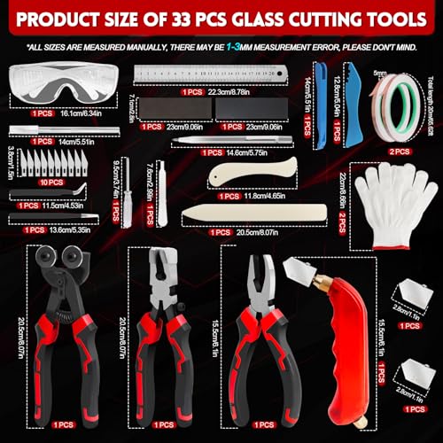YOTINO Glass Cutters Tools 33PCS Stained Glass Kit,Running Pliers Breaking Pliers Oil Feed Glass Cutter Set Cut Complete Stained Glass Supplies for Stained Glass, Tiles, Mosaic Cutting - color: grey