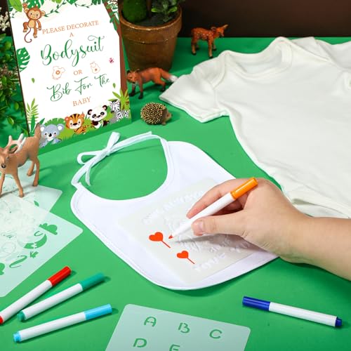 Panitay 100 Pcs White Baby Bodysuits Bibs Kit 25 Guests - style: Jungle Animal