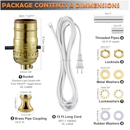 Lamp Rewire Kit,Lamp Socket Replacement Kit,Antique Brass Light Socket with Matching Electric Cord Set,DIY Lamp Making Kit Lamp Wiring Kit with All Essential Hardware (Gold, 1) - style: Gold