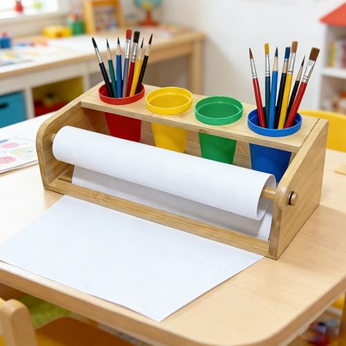 Bamboo Tabletop Paper Roll Dispenser, Desktop Art Easel with 12" x 49ft Blank Paper Roll, 4 Pen Cups, Paper Cutter for Drawing, Writing, Graffiti, Art Crafts