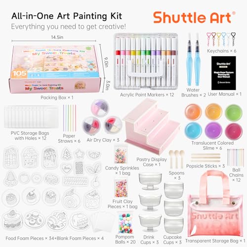 Shuttle Art 105 Pcs Magic Foam Texture Painting Kit Dessert Series: 24 Dessert Foam Pieces, Slime, Clay, Pastry Display Case, 12 Acrylic Paint Markers, Magical 3D Effect DIY Art for Kids Ages 3-12 - color: Dessert Series - 105 Pcs