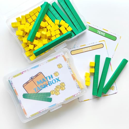 Math Task Boxes Set of 5 Math Manipulatives Themes 230+ Pieces of Number Rods, Base Ten Blocks, Ten Frame Disc Counters, Place Value Blocks, 0-9 Numbers, 3D Shapes, Activity Cards (Base Ten Blocks) - color: Base Ten Blocks