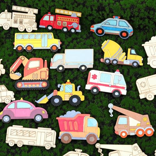 36Pcs Unfinished Wooden Craft,Mini Construction Vehicles Wood Cutouts Arts and Crafts DIY Transportation Painting Car for Kids Boys Girls Car Themed Birthday Party Favor Supplies Home Activities