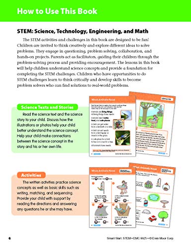 Evan-Moor Smart Start STEM Workbook, Grade PreK, Science, Technology, Engineering, Math, Hands On Activities, Problem Solving, Critical Thinking, Fine Motor Skills, Sequencing, Animals, Homeschool