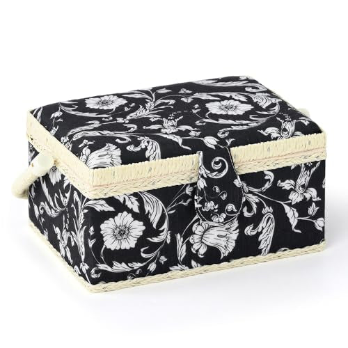 Medium Sewing Basket, Sewing Box with Accessories, Black White Flower - color: BLACK WHITE FLOWER