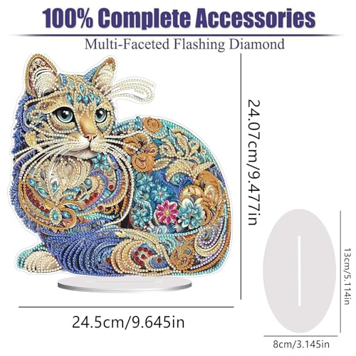 Diamond Painting Kits for Adults Beginners, 5D Full Drill Cat Crystal Art Desktop Ornament, DIY Single Sided Home Office Desk Decor, Creative Craft Gift Set with Tools - color: Cat