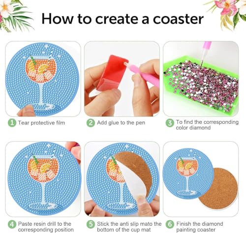 Diamond Art Coasters Kits, 8 Pcs Cocktail Diamond Painting Coasters Kit - color: Cocktail