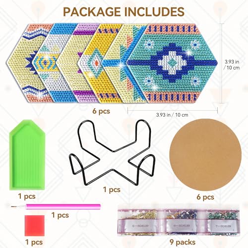 Vcekract 6 Pcs Hexagon Diamond Art Coasters Kit for Adults - color: Boho Coasters