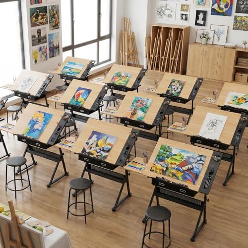 Magshion Drafting Table for Adults w/Stool, Natural - color: Natural & Black