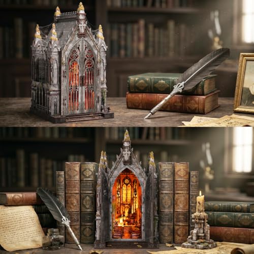 fifijoy Book Nook Kit for Adults - DIY Miniature Dollhouse kit with LED Light,3D Wooden Puzzle Mystical Booknook Tiny House Bookshelf Insert Decor, Gifts for Family, Friends (Abandoned Gothic Church) - color: Abandoned Gothic Church