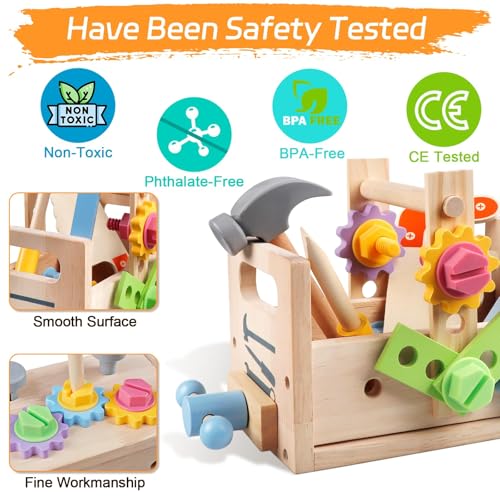 Aliex Wooden Kids Tool Set, 30pcs Toy Tools for Toddlers with Vest, Tool Kit Toddler Montessori Stem Learning Educational Toys for 3 4 5 Years Old Boys Girls, Birthday Gift for Kids - style: Wooden Tool Set