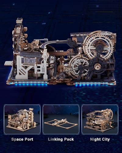 3D Puzzles for Adults - Marble Runs Building Set, Wooden Model Kits, Marble Spaceport+Marble Night City+Link Pack