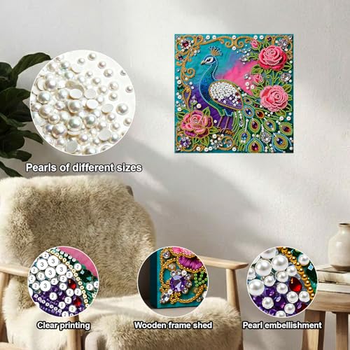 Xylzzuit Pearl Painting Kit with Frame 9.84x9.84IN Colorful DIY Gemstone Pearls Beads Art Craft for Adults Home Desktop Wall Decor (Peafowl) - color: Peafowl