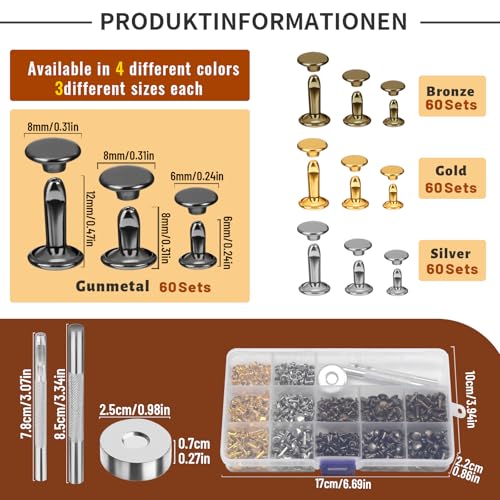 240 Set Leather Rivets 4 Colors 3 Sizes Double Cap Rivets for Leather