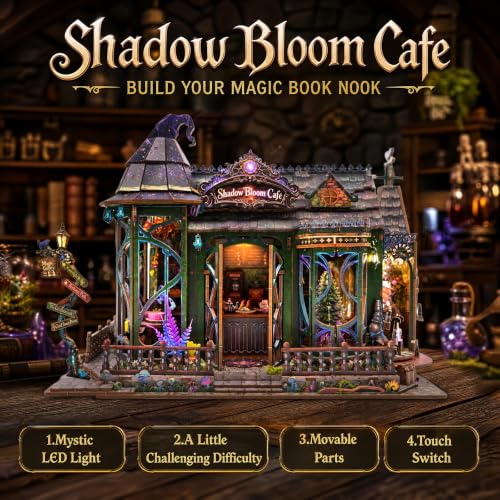 Book Nook Kit for Bookshelf — Shadow Bloom Magic Coffee Shop 3D Wooden Puzzle, DIY Miniature Dollhouse with LED Lights, Fantasy Book Shelf Insert Decor (Shadow Bloom Café) - color: Shadow Bloom Café