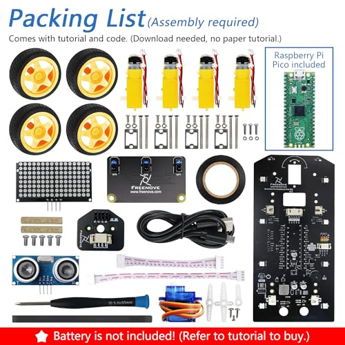 Freenove 4WD Car Kit for Raspberry Pi Pico (Included) (Compatible with Arduino IDE), Dot Matrix Expressions, Obstacle Avoidance, Line Tracking, Light Tracing, Colorful Light - color: Ordinary Wheels with Raspberry Pi Pico