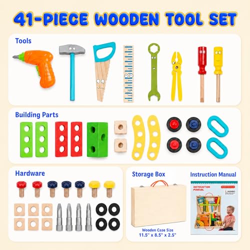 Kids Tool Set with Drill, 41-Piece Wooden STEM Toy for Ages 3+