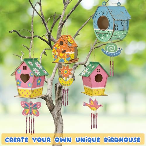 Sliner 4 Sets DIY Bird House Wind Chime Kit with Bird Feeder Build and Paint Unfinished Wood Birdhouses with Paints and Paintbrushes Art and Craft Kit for Party Favors Birthday Gifts