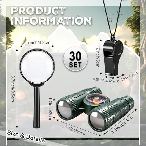 30 Set Mini Binoculars Magnifying Glass Whistle Kit for Bird Watching Outdoor Camping Hiking Exploring Wilderness Adventure