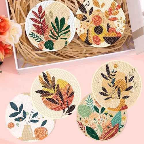 Diamond Art Coasters Kit,8 Pcs Abstract Plant Diamond Painting Coasters Kit - color: Abstract Plants