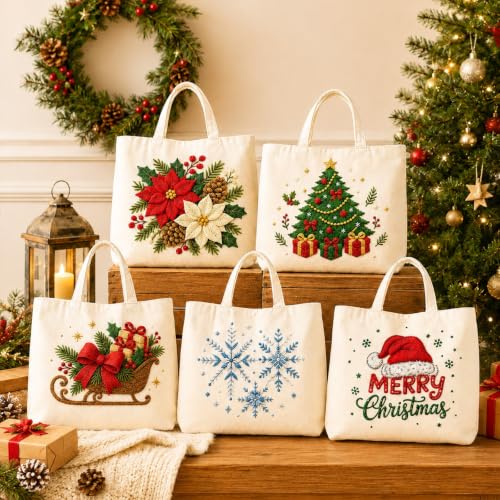 ARTopet Embroidery Tote Bag Kit for Beginners Christmas Canvas Cross Stitch Handbag with Hoops Needles Threads Reusable Grocery Bag for Women-Poinsettia - color: Poinsettia