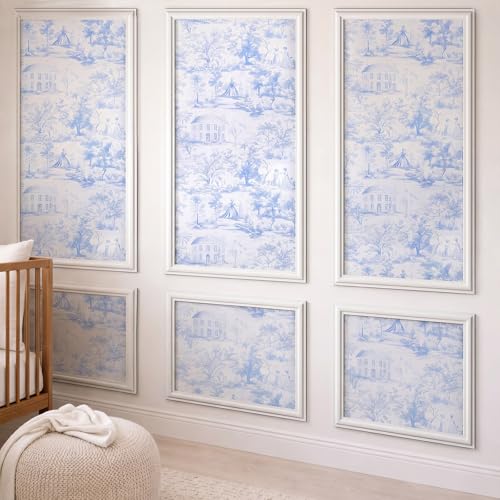 Pangda 3 Set Peel and Stick Wall Molding Kit 54 x 24 in 3D Pre Cut Accent Molding Wainscoting Panel with 24 in x 20 ft Blue and White Toile Wallpaper and 8 Pcs Smoothing Tool Kit Trim DIY Walls Decor