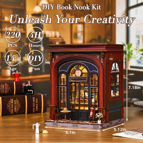 DIY Book Nook Kit, 3D Wooden Puzzle Miniature House with LED Light, Dollhouse Bookshelf Insert, Tiny House Model Building Kit, Unique Creative Gift for Adults and Teens (Warmglow Coffee) - style: Warmglow Coffee