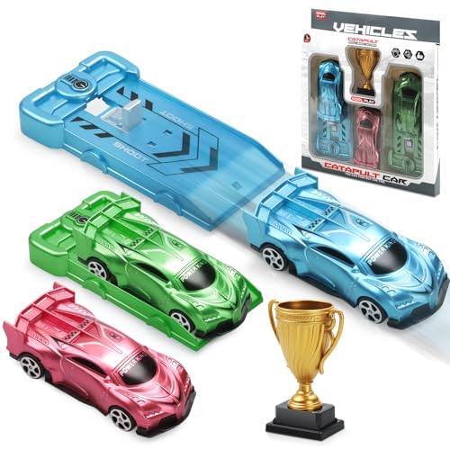 Aooess 6 PCs Catapult Car Toy for Kid 3-5 Car Toy Set with Launchers Trophy