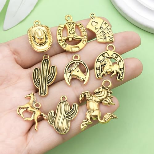 100 Grams Western Cowboy Charms for Jewelry Making Alloy Boot Gun Cowboy Boot Hat Horse Cactus Charms Pendants for Necklace Earrings Bracelet Keychain Father's Day Gifts DIY Craft Findings (SN822) - color: Antique Golded