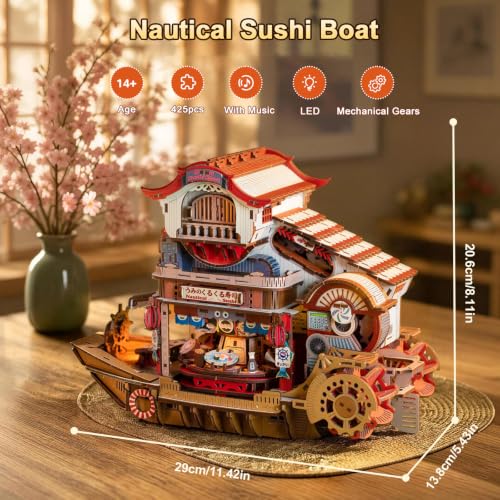 DIY Miniature House Kit, Japanese Dollhouse 3D Wooden Puzzles for Adults with Music & LED Lights, 425PCS Sushi Boat Mechanical Moving Model, Home Decor Building Craft Birthday - color: Nautical Sushi Boat