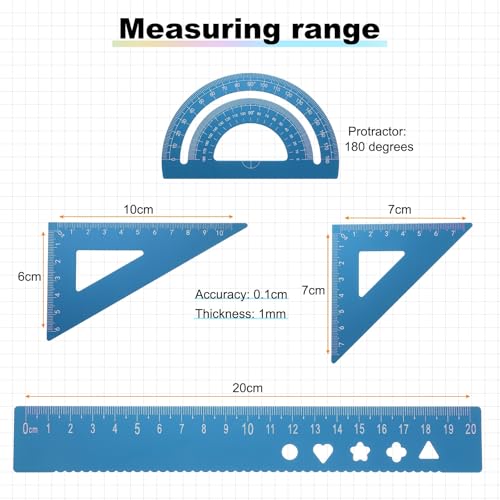 HARFINGTON 4pcs Triangular Ruler Set 20mm Aluminum Geometric Protractor Triangle Engineering Scale Drafting Ruler Kit for Office Home, Blue - color: Blue, size: 20mm