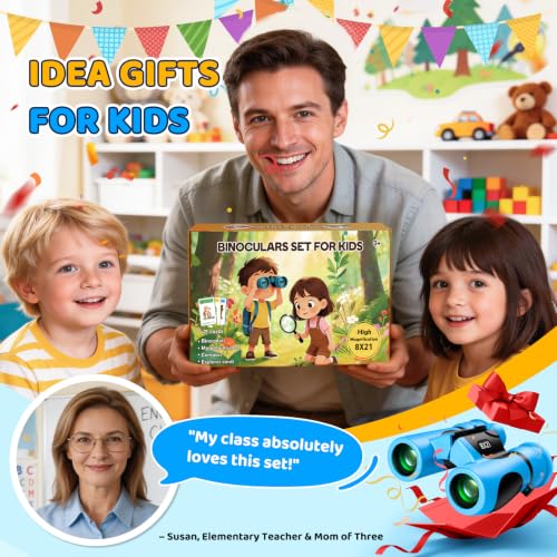8x21 Kids Binoculars with 25 Scavenger Hunt Cards, Camping Toys for Boys Girls Ages 4-6-8-12 Outdoor Explorer Kit with Compass|Magnifying Glass, 3-12 Year Old Boy Bird Watching Hiking Birthday Gift - color: Blue