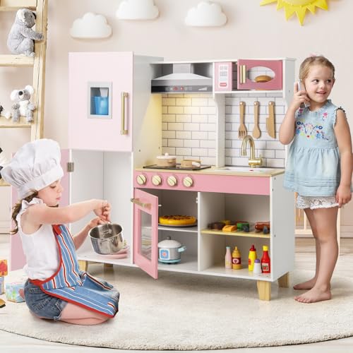 Costzon Kids Kitchen Playset, Wooden Pretend Play Kitchen with BBQ Grill, Ice Maker, Range Hood, Blackboard & Cooking Accessories, Toy Kitchen Set with Lights & Sounds, Gift for Toddlers Ages 3+ - color: Pink