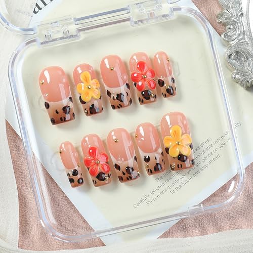 Leopard French Press-On Nails 10pcs, Handmade Acrylic Square Tips with 3D Blossom Flowers, Reusable Full Cover Nail Set for Trendy Everyday Style – Appife - color: Untamed Bloom, size: M