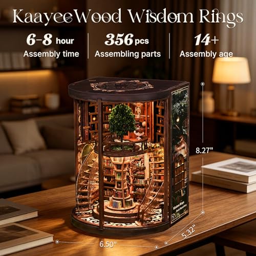 Book Nook Kit, 3D Wooden Puzzles for Adults, DIY Miniature House Kit for Adults, Booknook with LED Light, Gifts for Family, Friends and Book Lovers, Bookshelf Decor(Wisdom Rings)