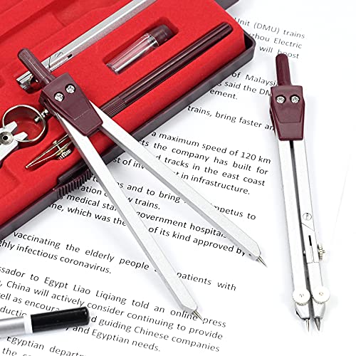 UNJOO 9Pc Geometry Set Metal Compass, Geometry Precision Tool (Red)