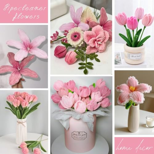 2-Color Pink Pipe Cleaner Flower Kit,150 Pcs Pipe Cleaners Craft - color: Dark Pink