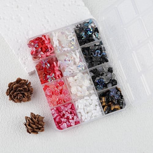 2050 Pieces 3D Butterfly Rose Flower Bow Rabbit Bear Nail Charms Kit with Nail Art Rhinestones Pearls Crystal Gems Nail Slices for Manicure DIY Crafts Jewelry Accessories (Black White Red) - color: Black White Red