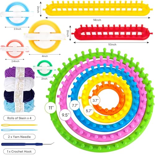 VGOODALL Round Knitting Looms Set, Set of 18PCS Supplies with Hook Needle, Pompom Maker and Yarn, for Knitting Beginners